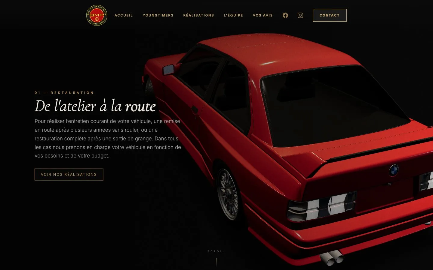 Le site de Belles Mécaniques de Provence : une BMW M3 en 3D sur la page d’accueil