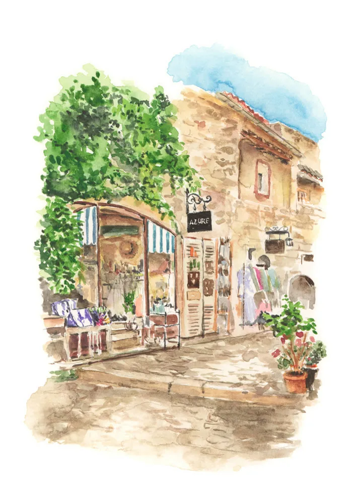 Aquarelle de la boutique Azure et de sa rue