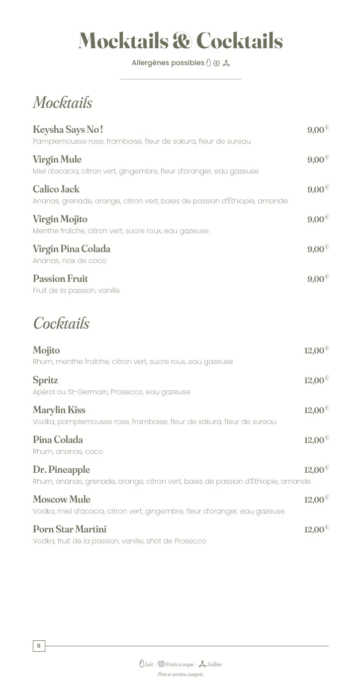 La page des mocktails et cocktails