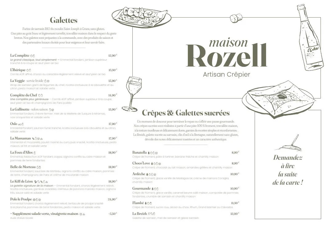 La carte grand format de Maison Rozell, avec ses dessins