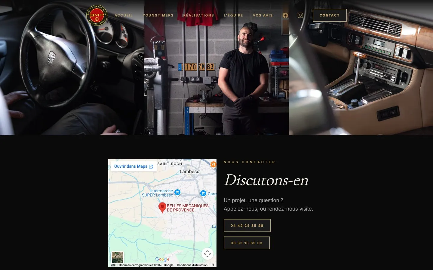 La page de contact, avec la carte d’accès au garage