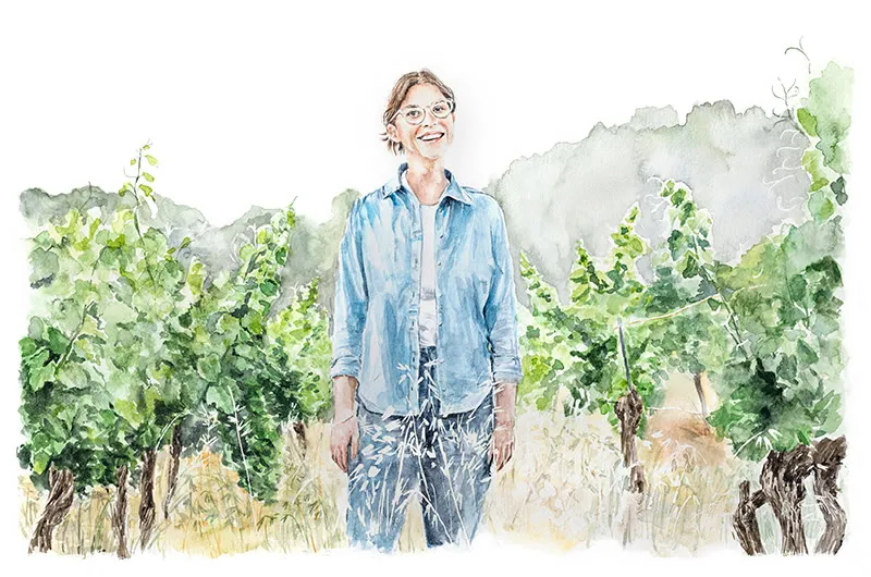 Aquarelle d’un portrait dans les vignes pour le Château Croix Martelle