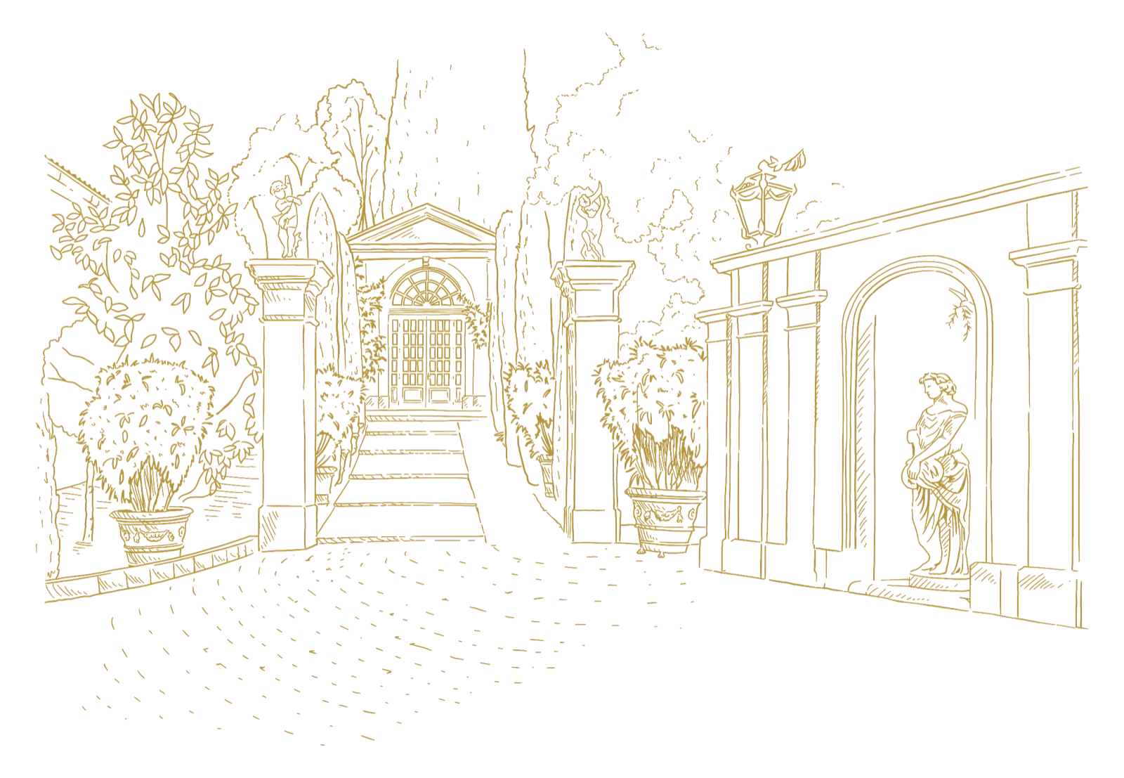 La façade, dessinée au trait doré