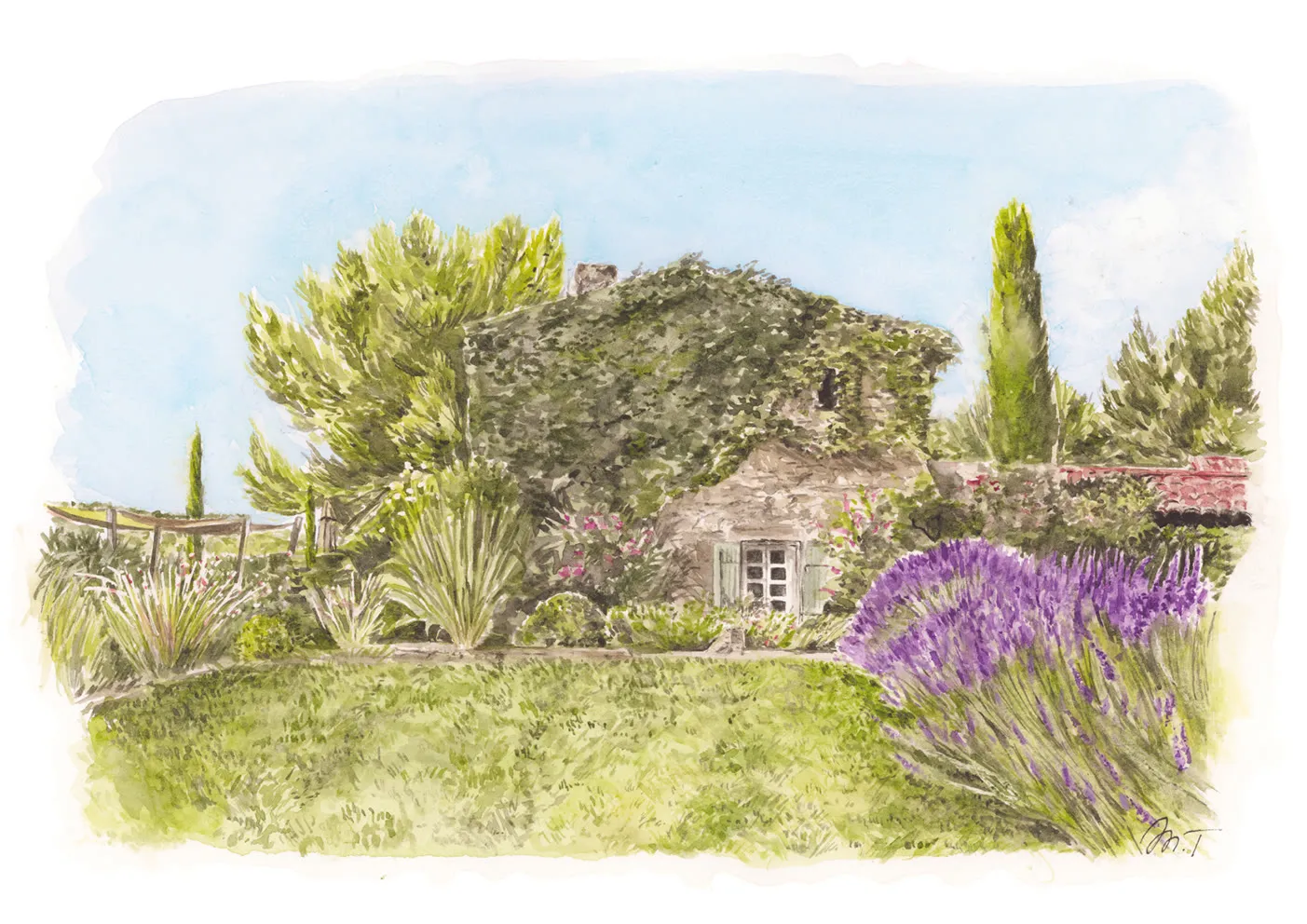 Aquarelle du Mas de Fauchon et de ses lavandes