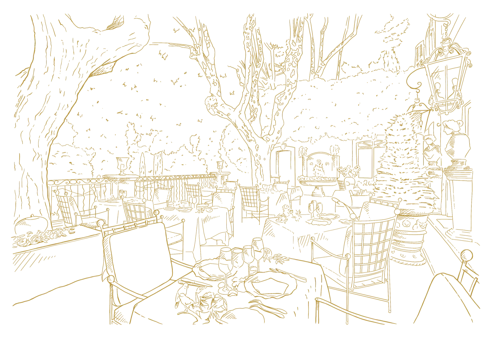 La terrasse de la Villa Gallici, dessinée au trait doré