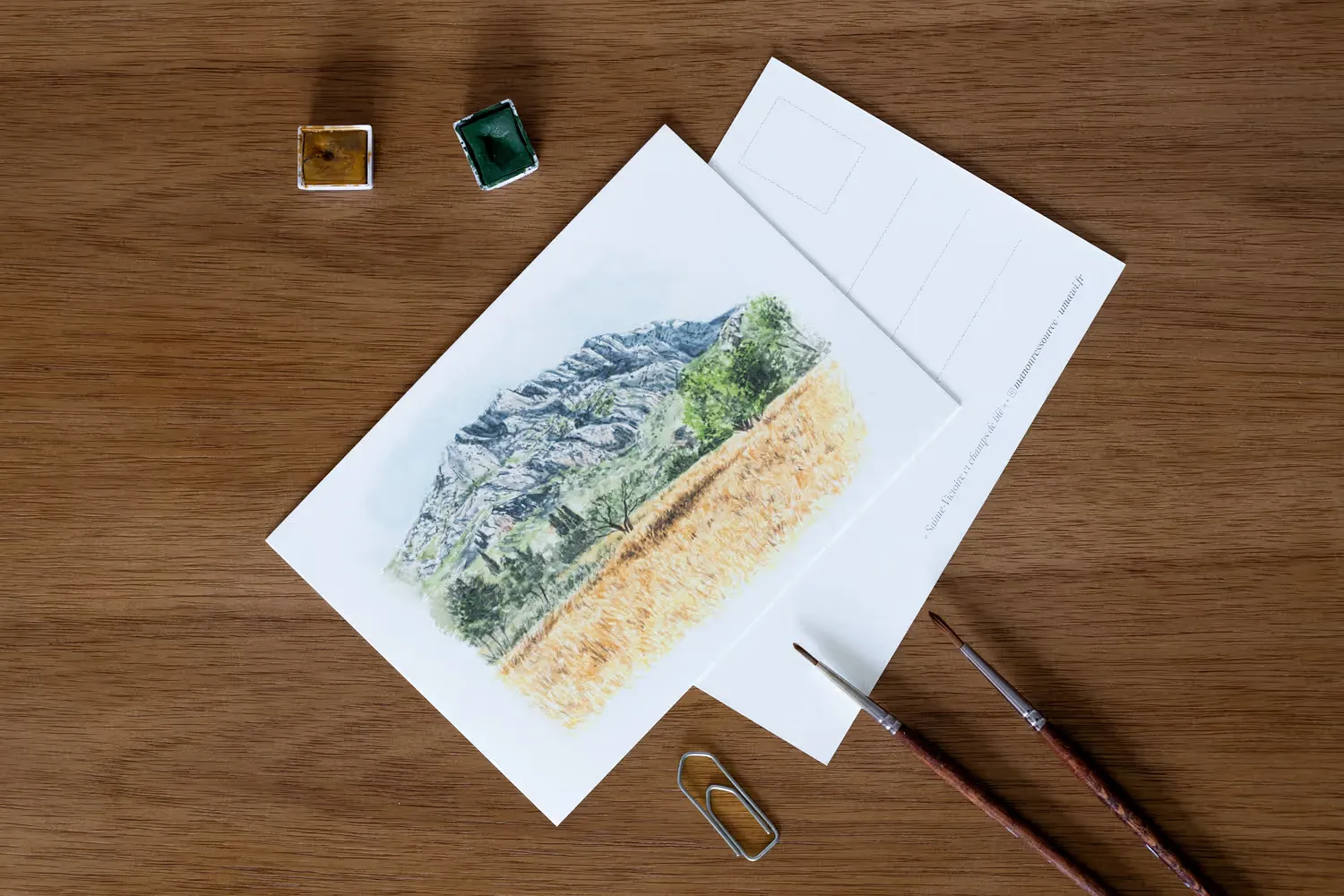 Carte postale aquarelle : la Sainte-Victoire au-dessus d’un champ de blé