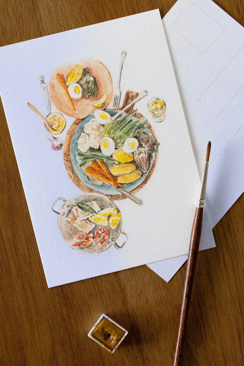Carte postale aquarelle : un repas vu du dessus
