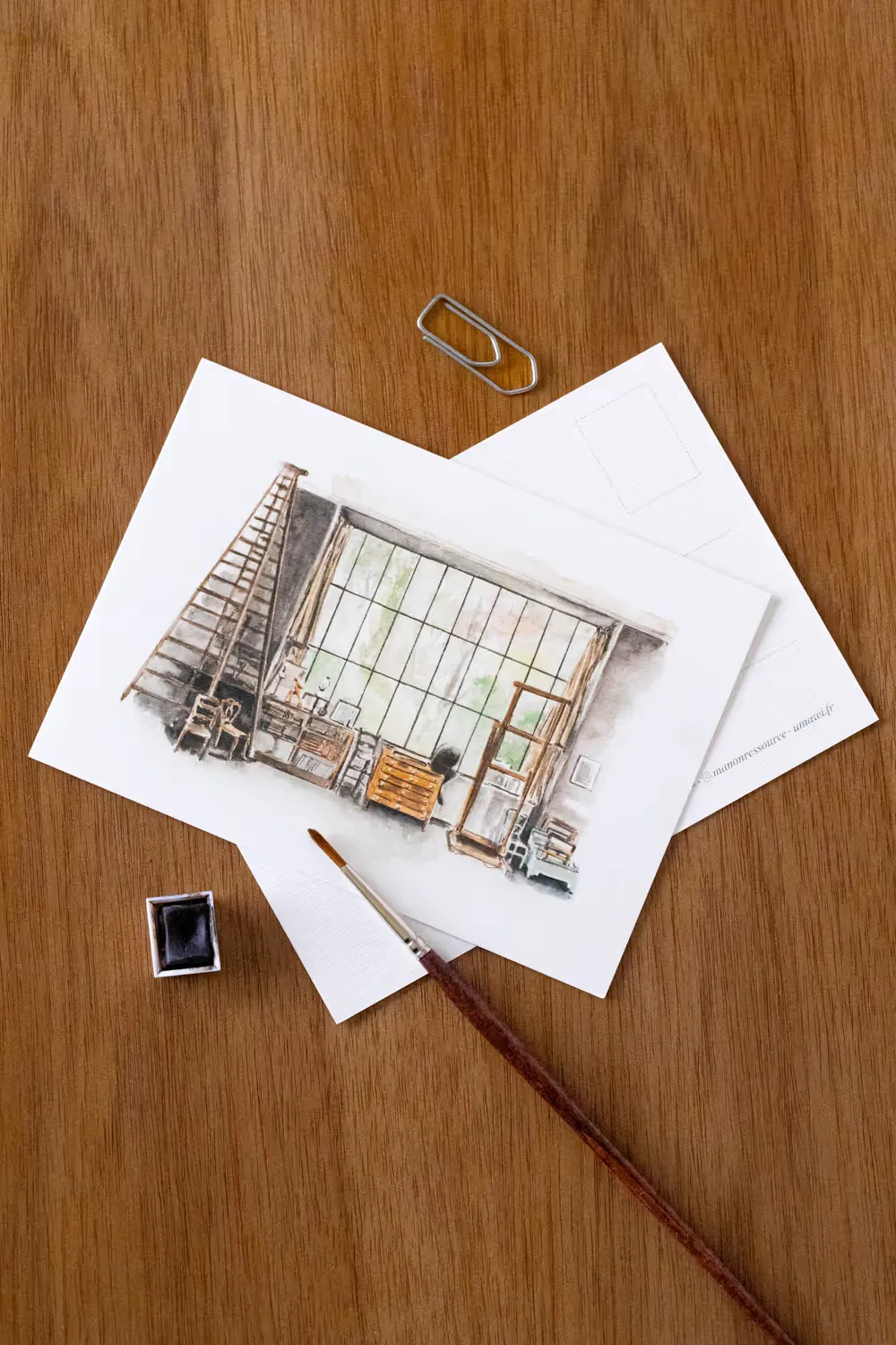 Carte postale aquarelle : atelier à grande verrière