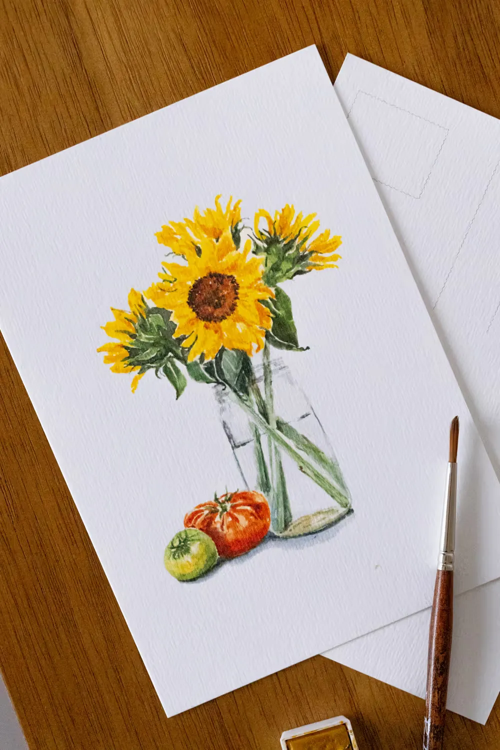 Carte postale aquarelle : tournesols et tomates dans un vase