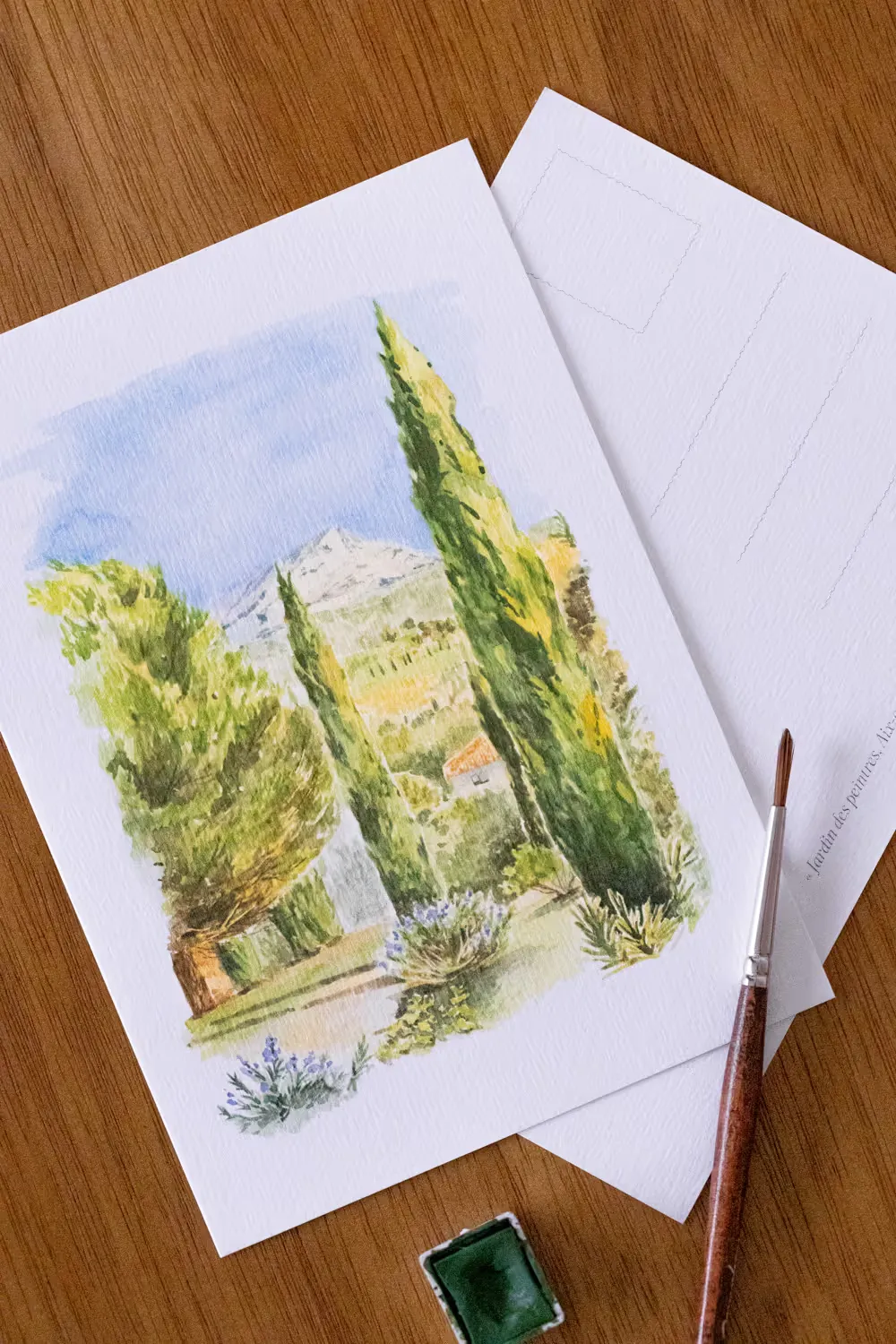 Carte postale aquarelle : cyprès de Provence