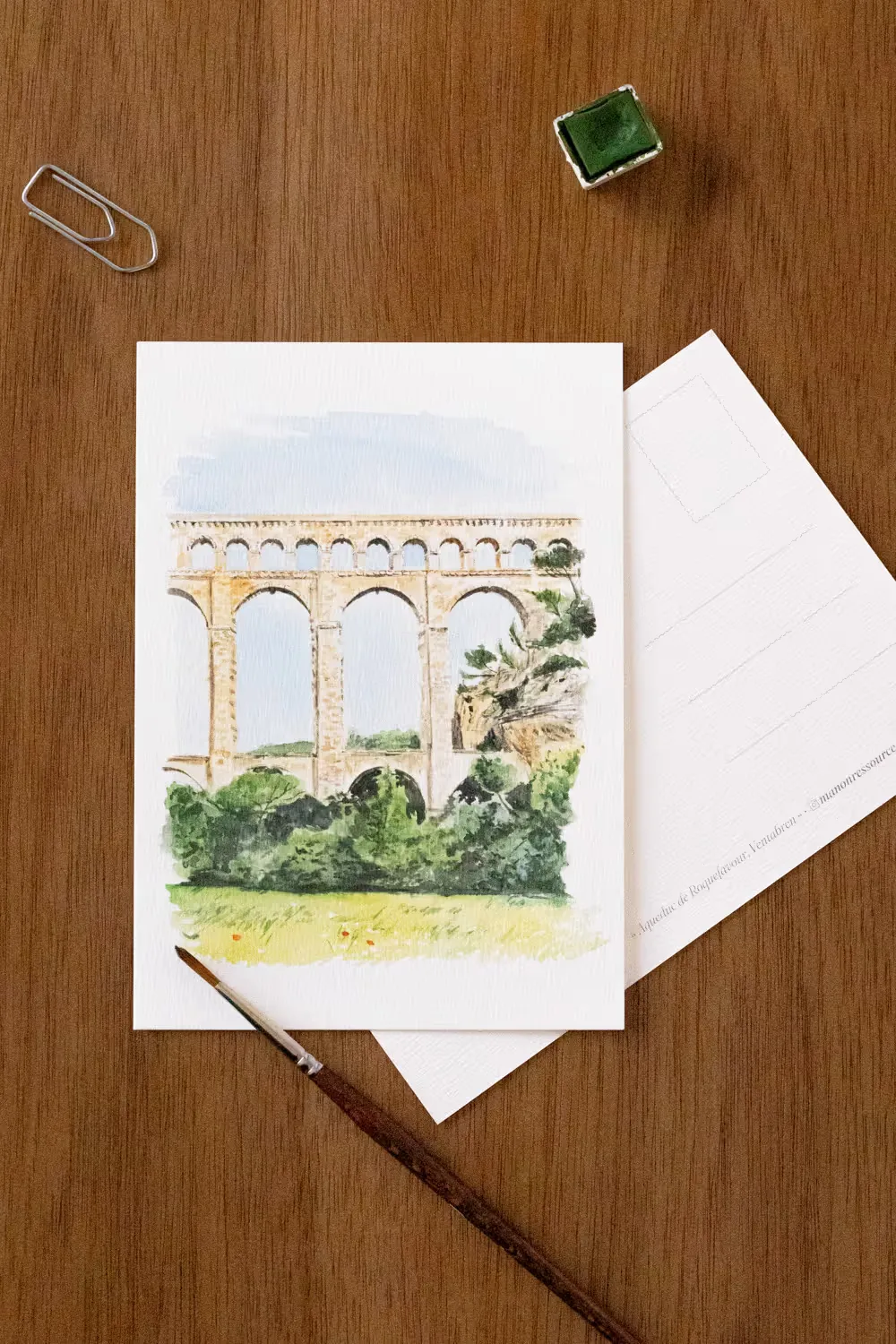 Carte postale aquarelle : aqueduc en pierre