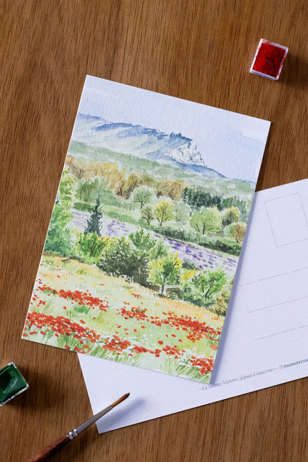 Carte postale aquarelle : coquelicots et lavande devant la Sainte-Victoire