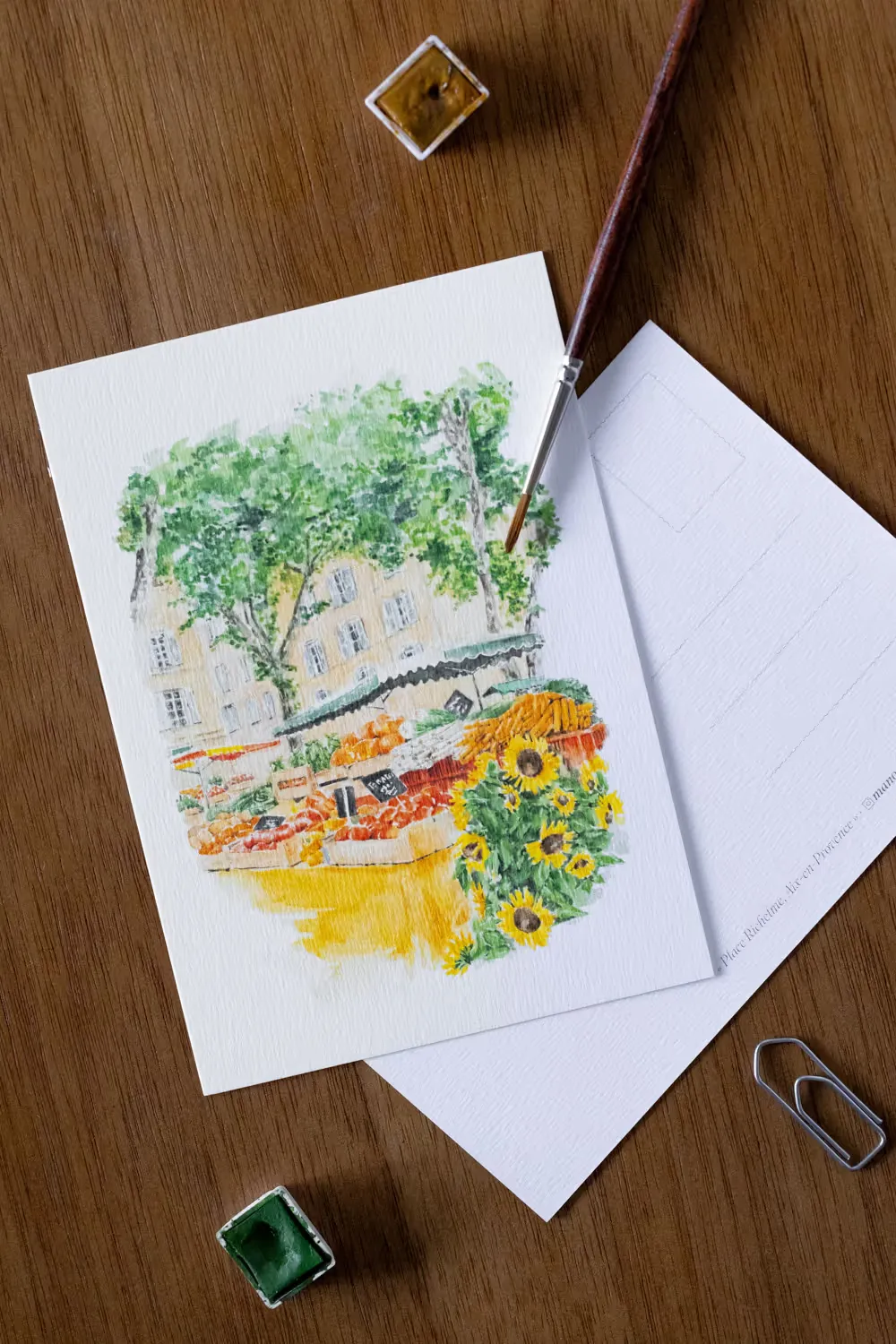 Carte postale aquarelle : marché aux fleurs sous les platanes