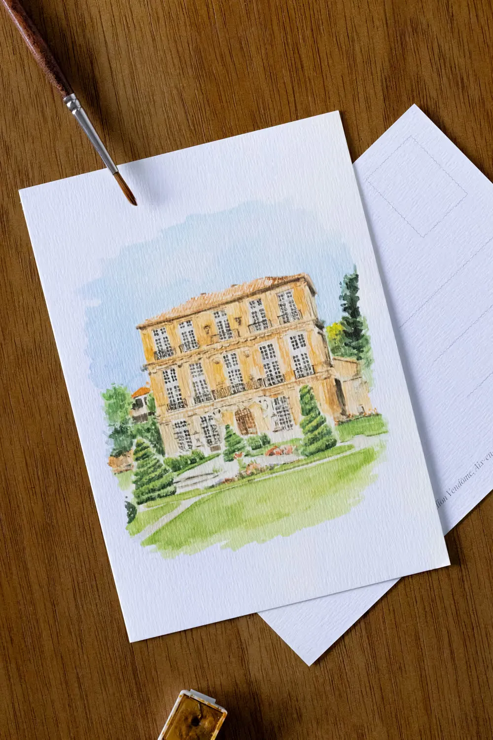 Carte postale aquarelle : façade d’une bastide aixoise et son jardin