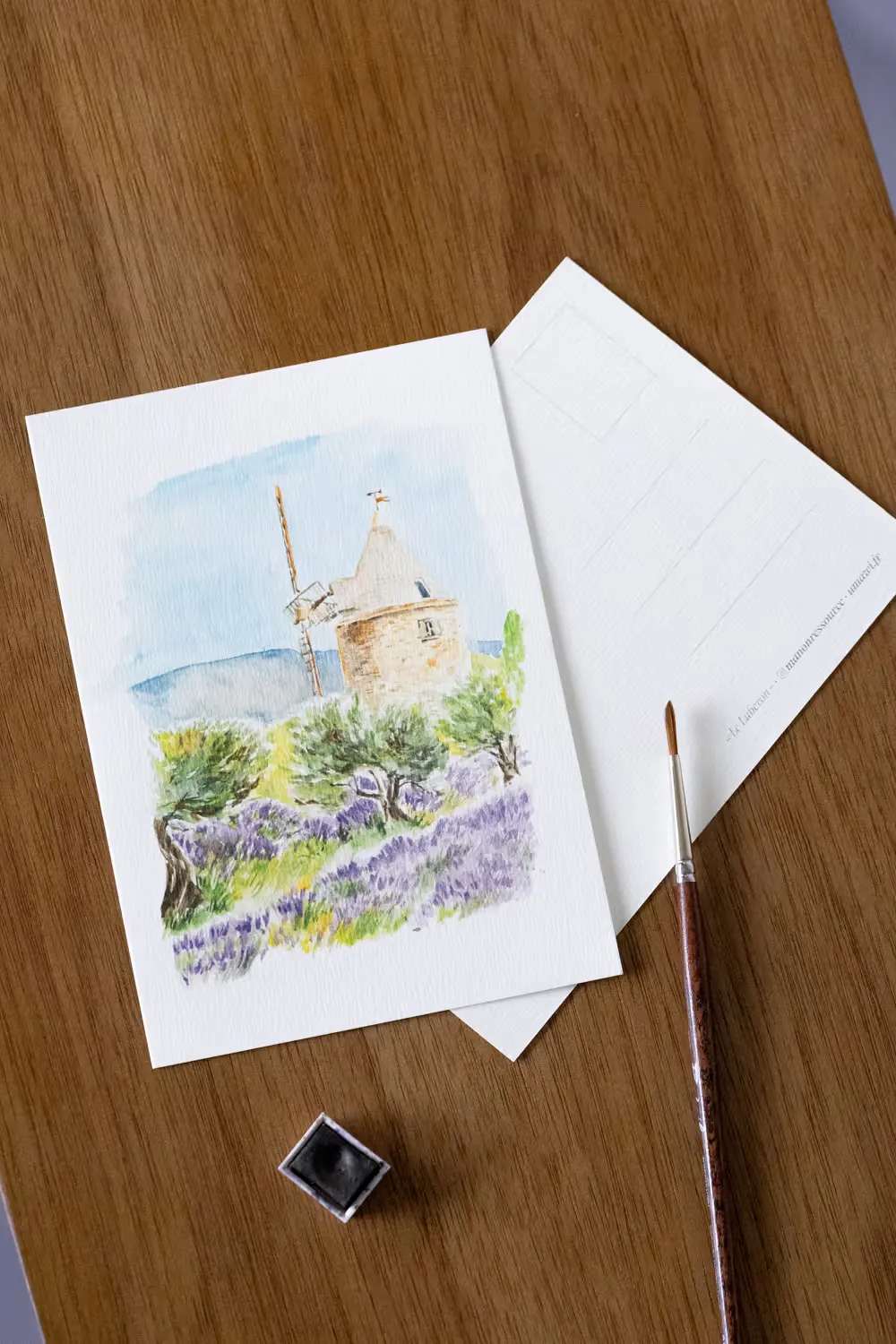 Carte postale aquarelle : moulin et champ de lavande